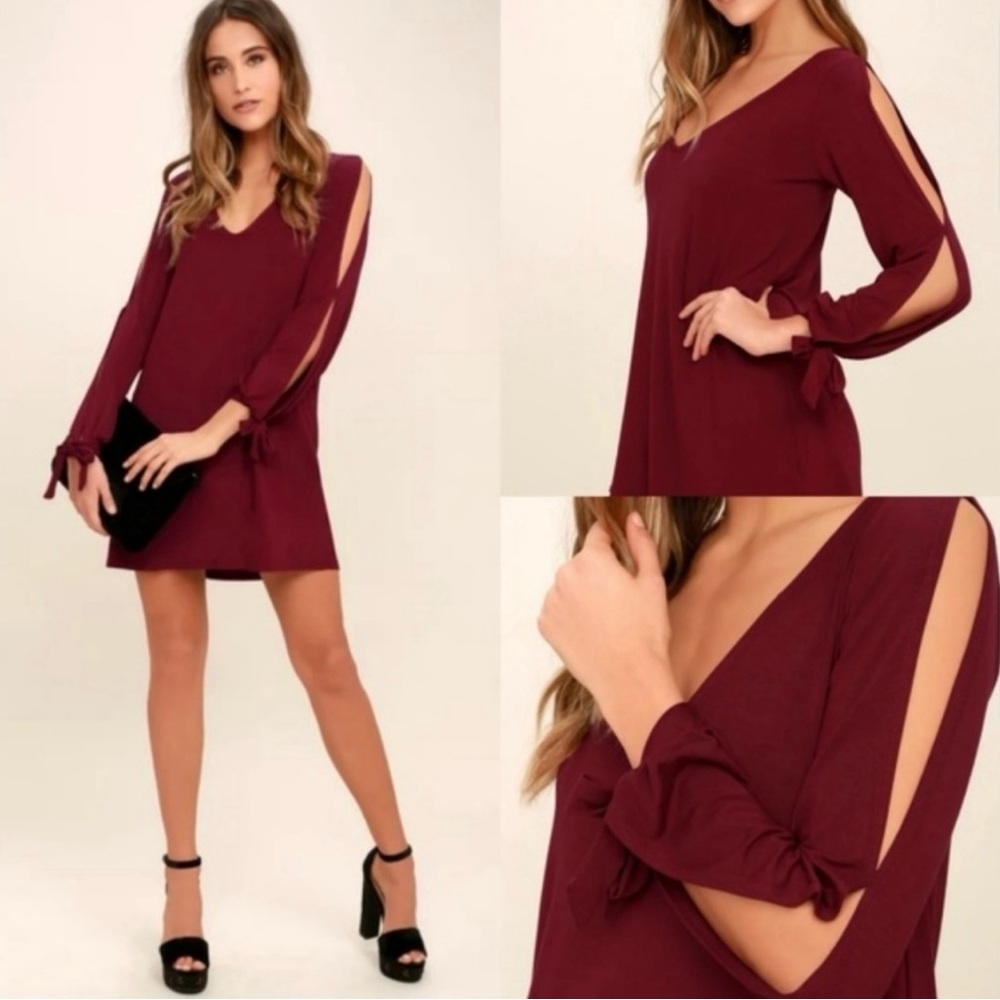 Lulus Glory Of Love Burgundy Split Sleeve Tie Wrist Wine Shift Dress Size Medium